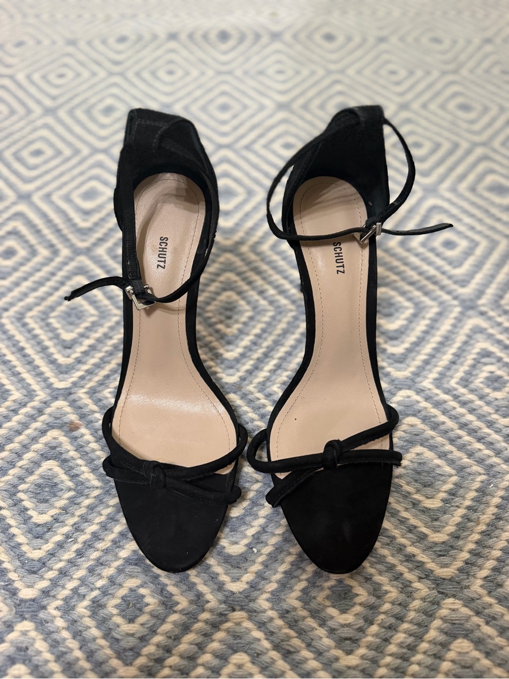 SCHUTZ Black Suede Ankle-Strap Knotted Toe Heels
